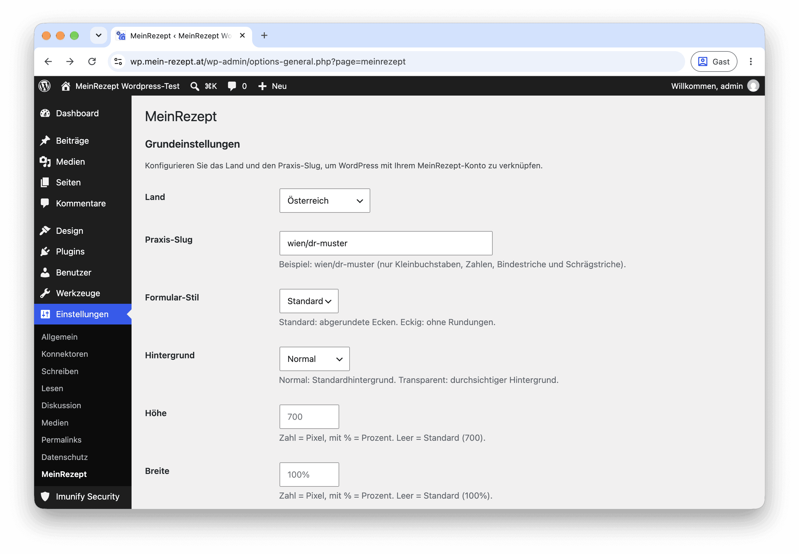 MeinRezept WordPress-Plugin Einstellungen